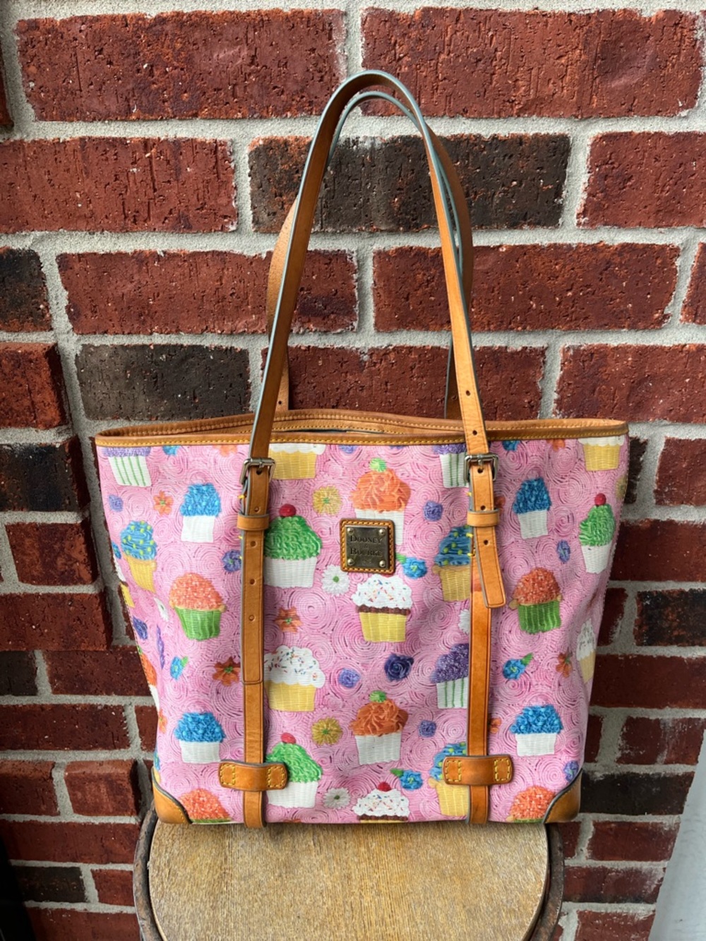 Dooney & Bourke Pink Cupcake Print Tote with Tan Leather Straps
